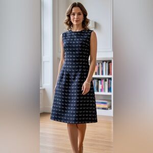 VTG ~ Peggy Jennings ~ Couture Navy and White Patterned Midi Dress